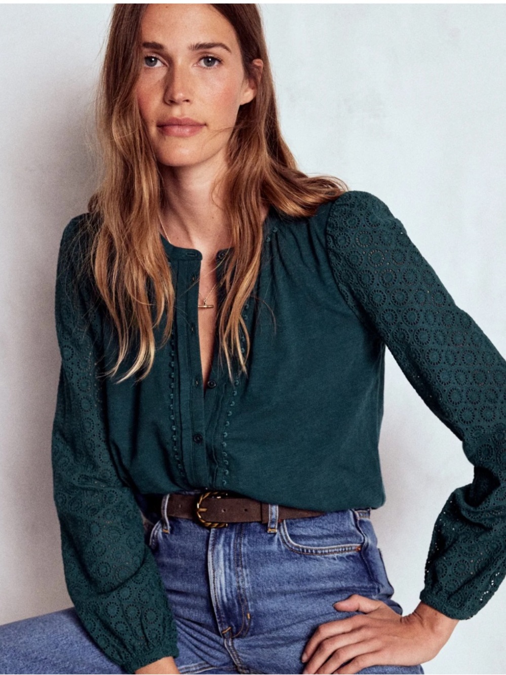 Boden: Eden Broderie Jersey Shirt - Midnight Teal